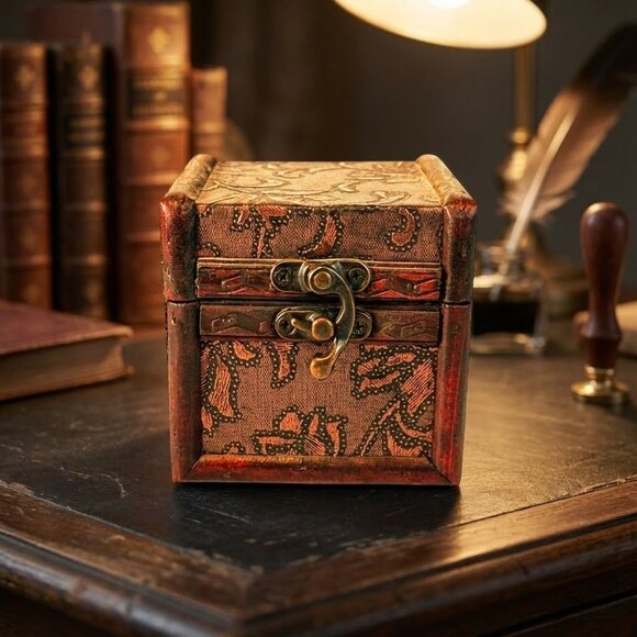 Vintage Decorative Wooden Treasure Box With Intricate Paisley Design & Ornate Me - Picture 2 of 8